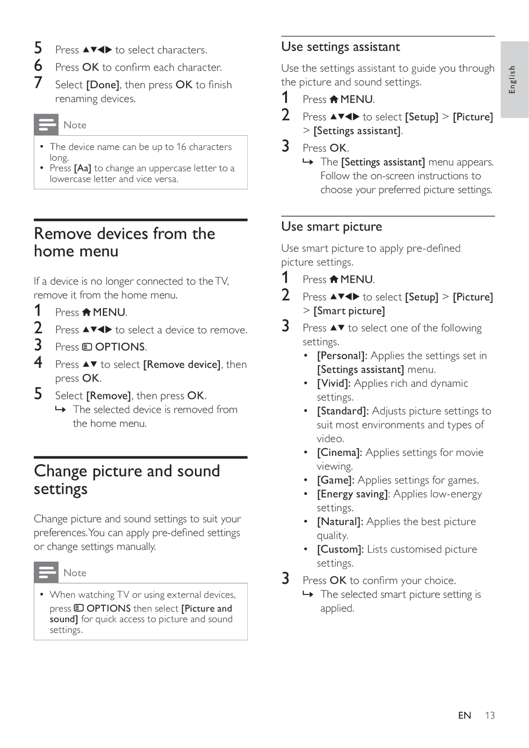 Philips 19HFL3232D/10 Remove devices from the home menu, Change picture and sound settings, Use settings assistant 