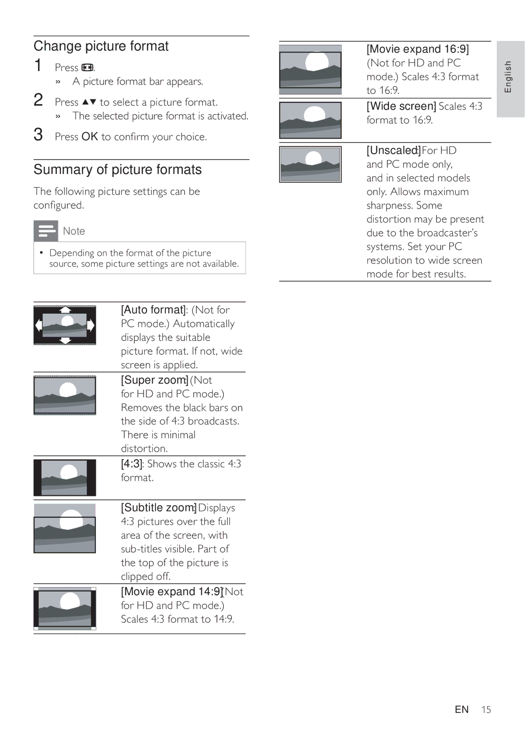 Philips 22HFL3232D/10, 26HFL3232D/10 Change picture format, Summary of picture formats, Following picture settings can be 