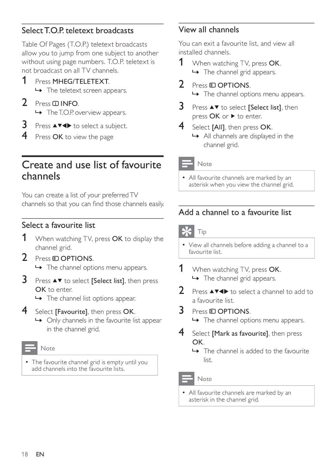 Philips 26HFL3232D/10 Create and use list of favourite channels, Select T.O.P. teletext broadcasts, View all channels 