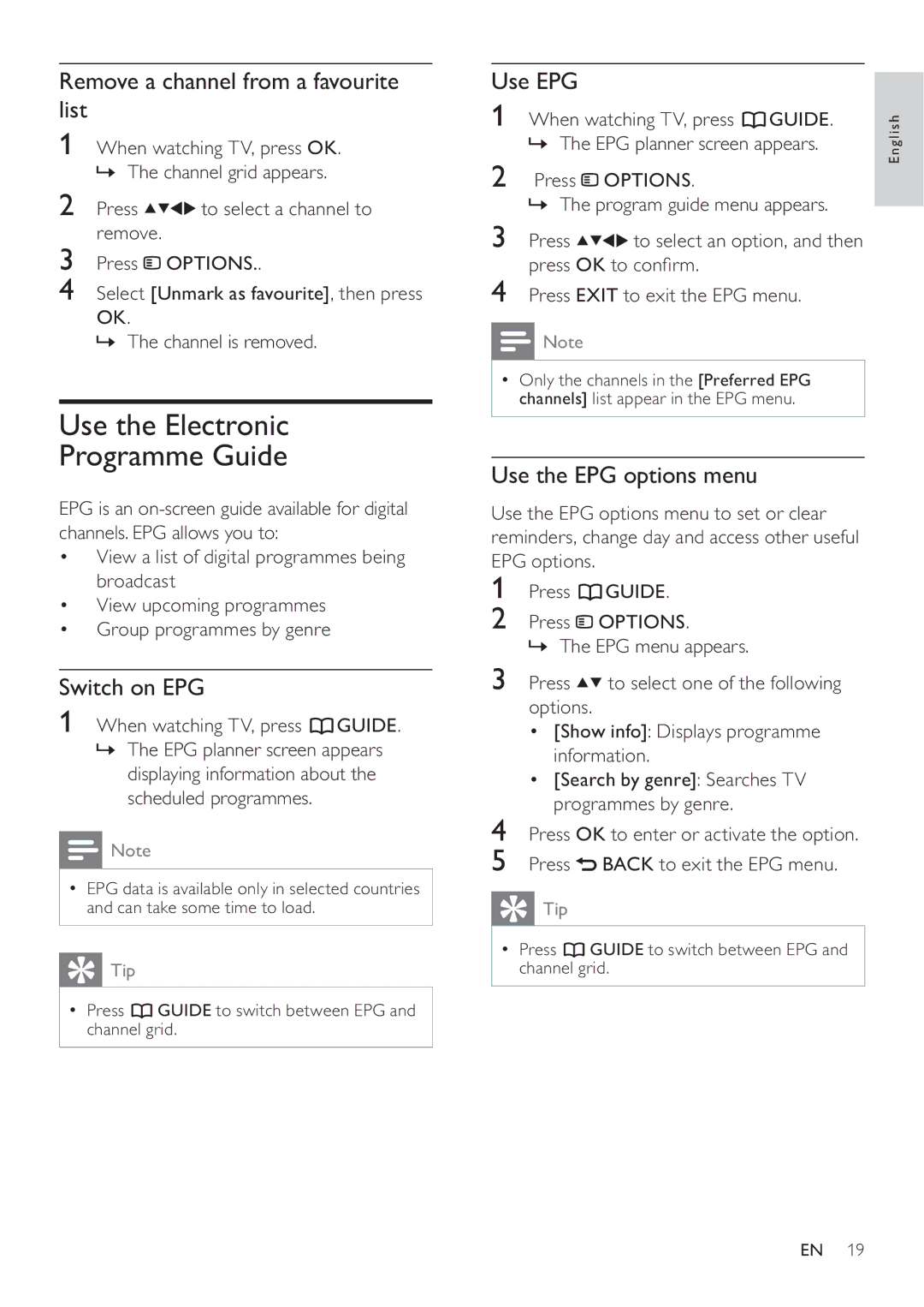 Philips 22HFL3232D/10 Use the Electronic Programme Guide, Remove a channel from a favourite list, Switch on EPG, Use EPG 