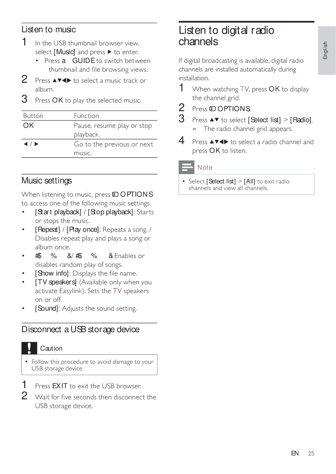 Philips 19HFL3232D/10 Listen to digital radio channels, Listen to music, Music settings, Disconnect a USB storage device 