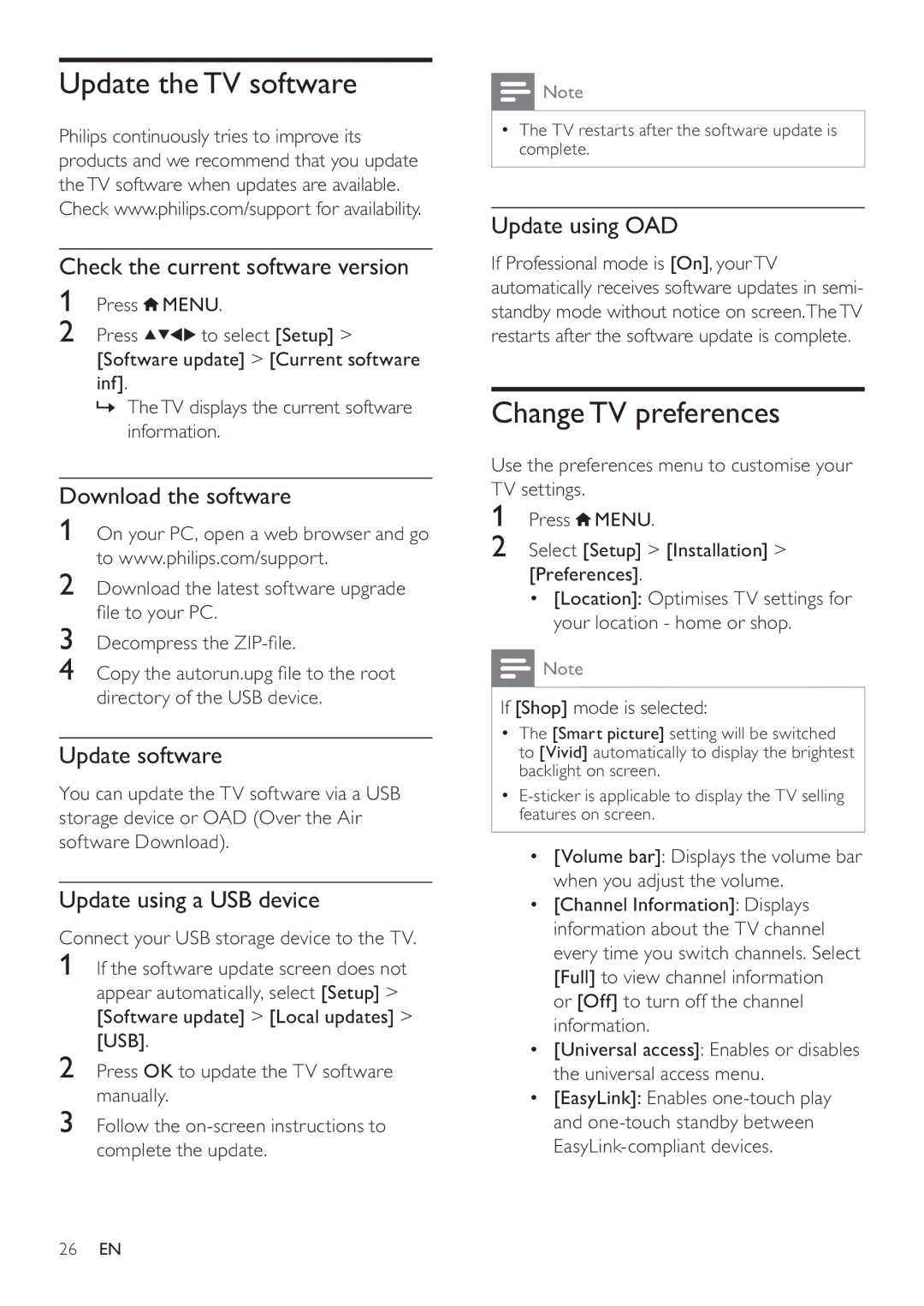 Philips 26HFL3232D/10, 22HFL3232D/10, 19HFL3232D/10 user manual Update the TV software, Change TV preferences 