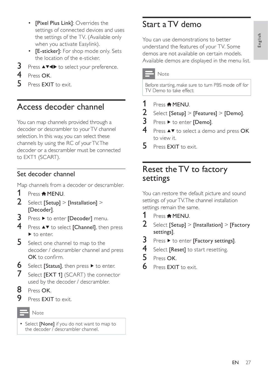 Philips 22HFL3232D/10 Access decoder channel, Start a TV demo, Reset the TV to factory settings, Set decoder channel 