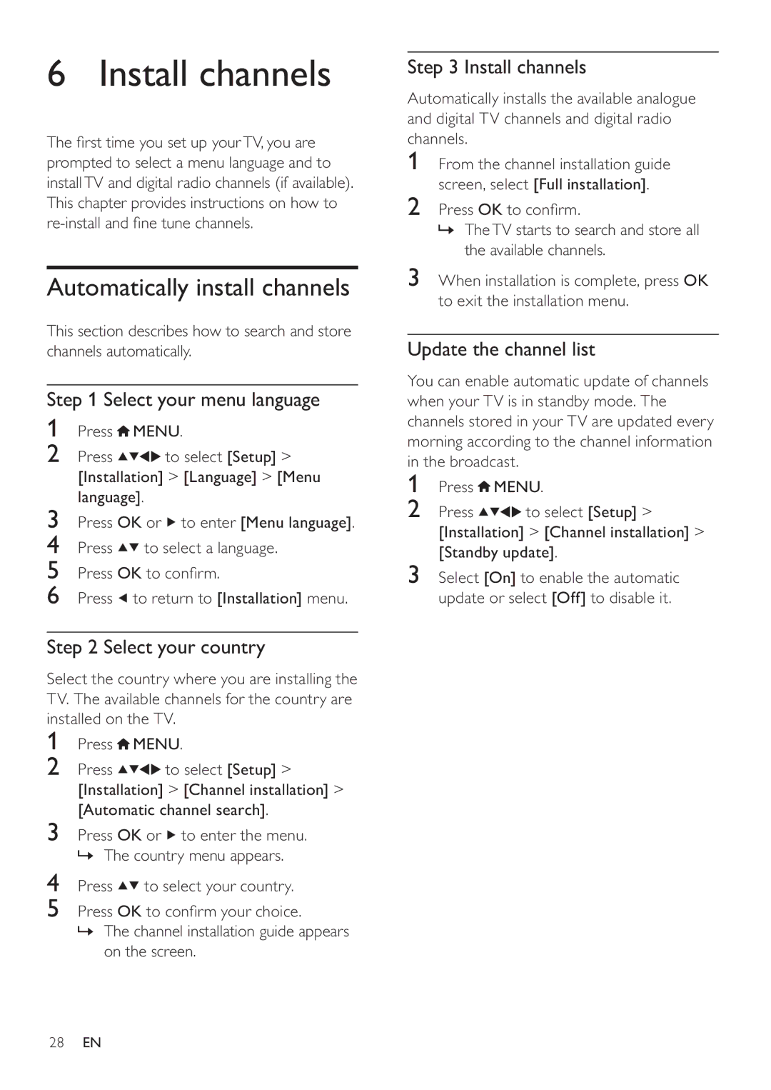 Philips 26HFL3232D/10, 22HFL3232D/10, 19HFL3232D/10 user manual Install channels, Automatically install channels 