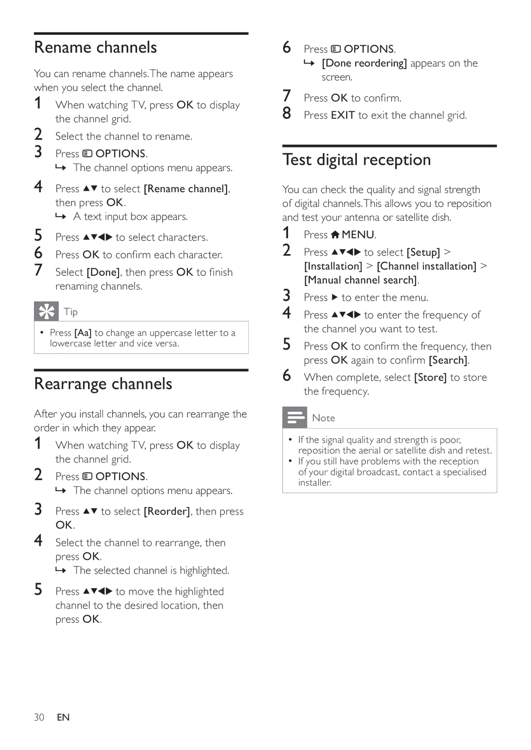 Philips 26HFL3232D/10, 22HFL3232D/10, 19HFL3232D/10 Rename channels, Rearrange channels, Test digital reception 