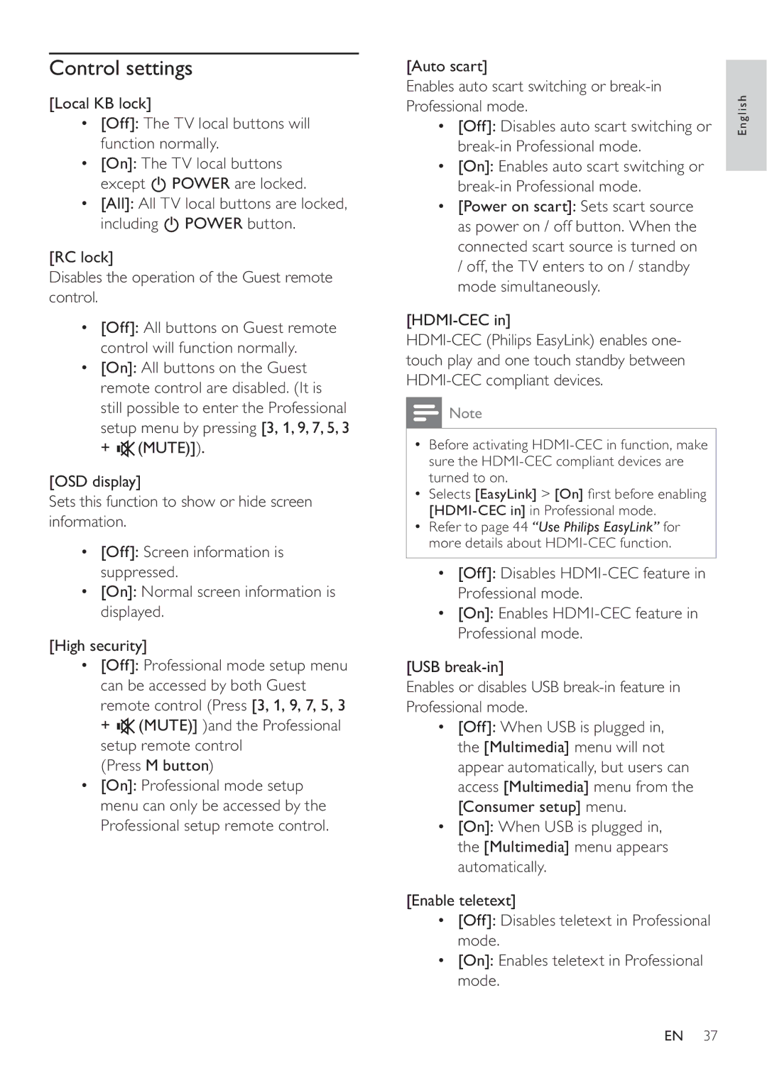 Philips 19HFL3232D/10, 26HFL3232D/10, 22HFL3232D/10 user manual Control settings 