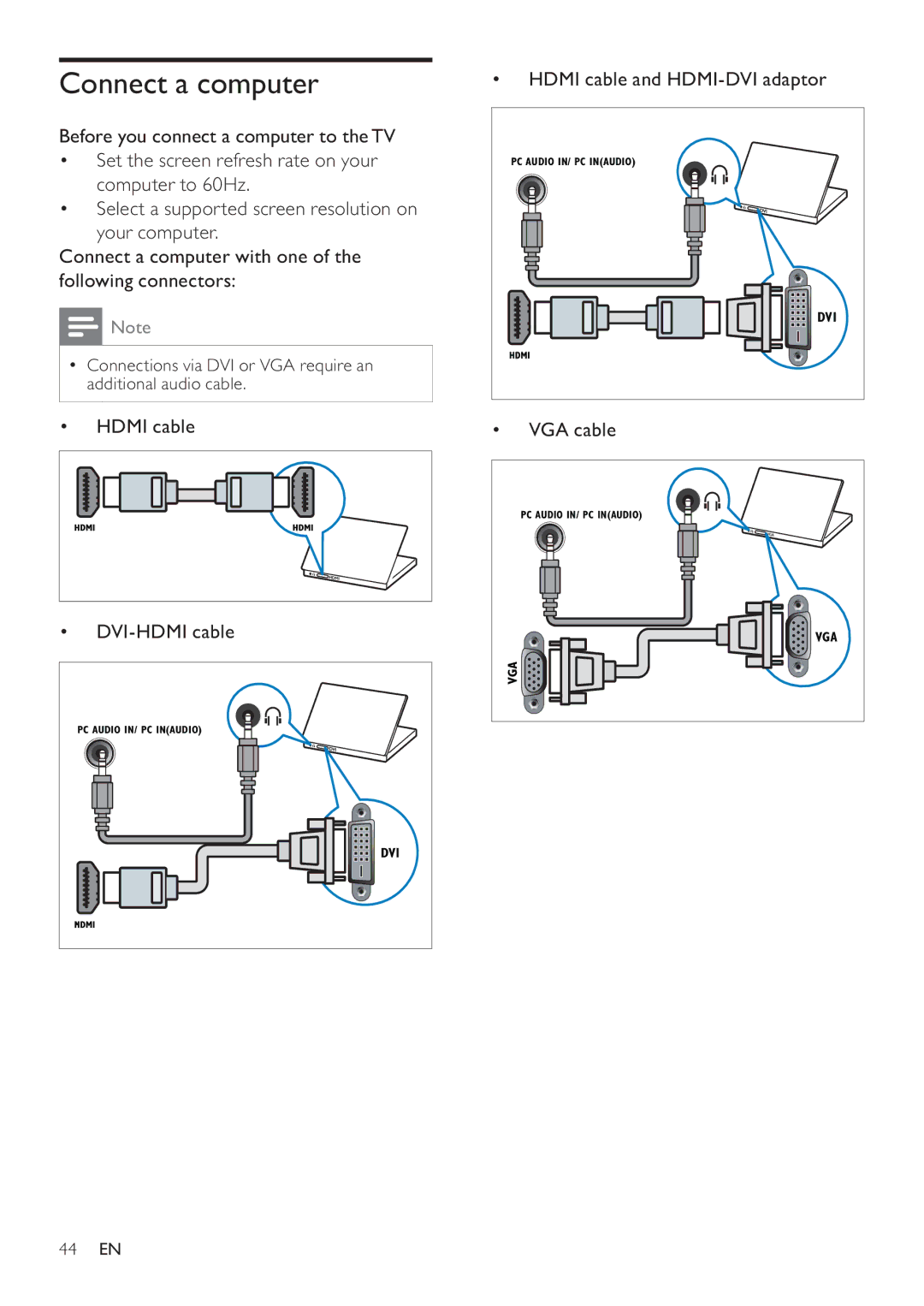 Philips 19HFL3232D user manual Connect a computer, Hdmi cable DVI-HDMI cable, Hdmi cable and HDMI-DVI adaptor, VGA cable 