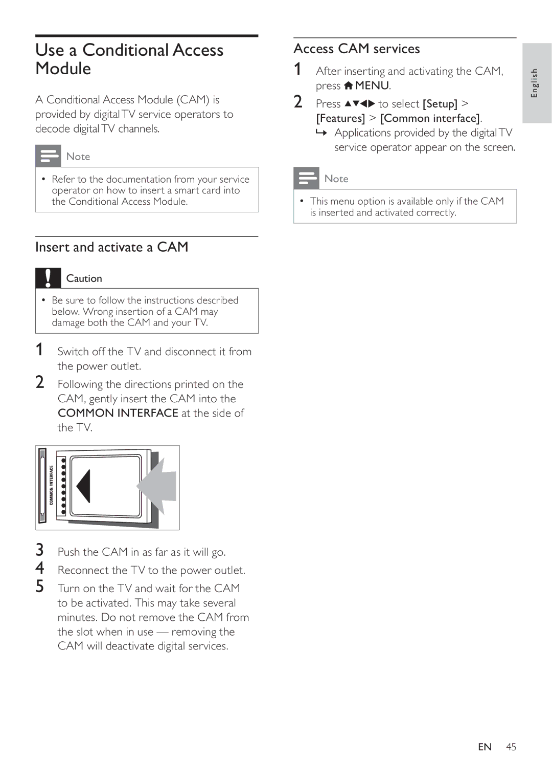 Philips 19HFL3232D/10, 26HFL3232D/10 Use a Conditional Access Module, Insert and activate a CAM, Access CAM services 