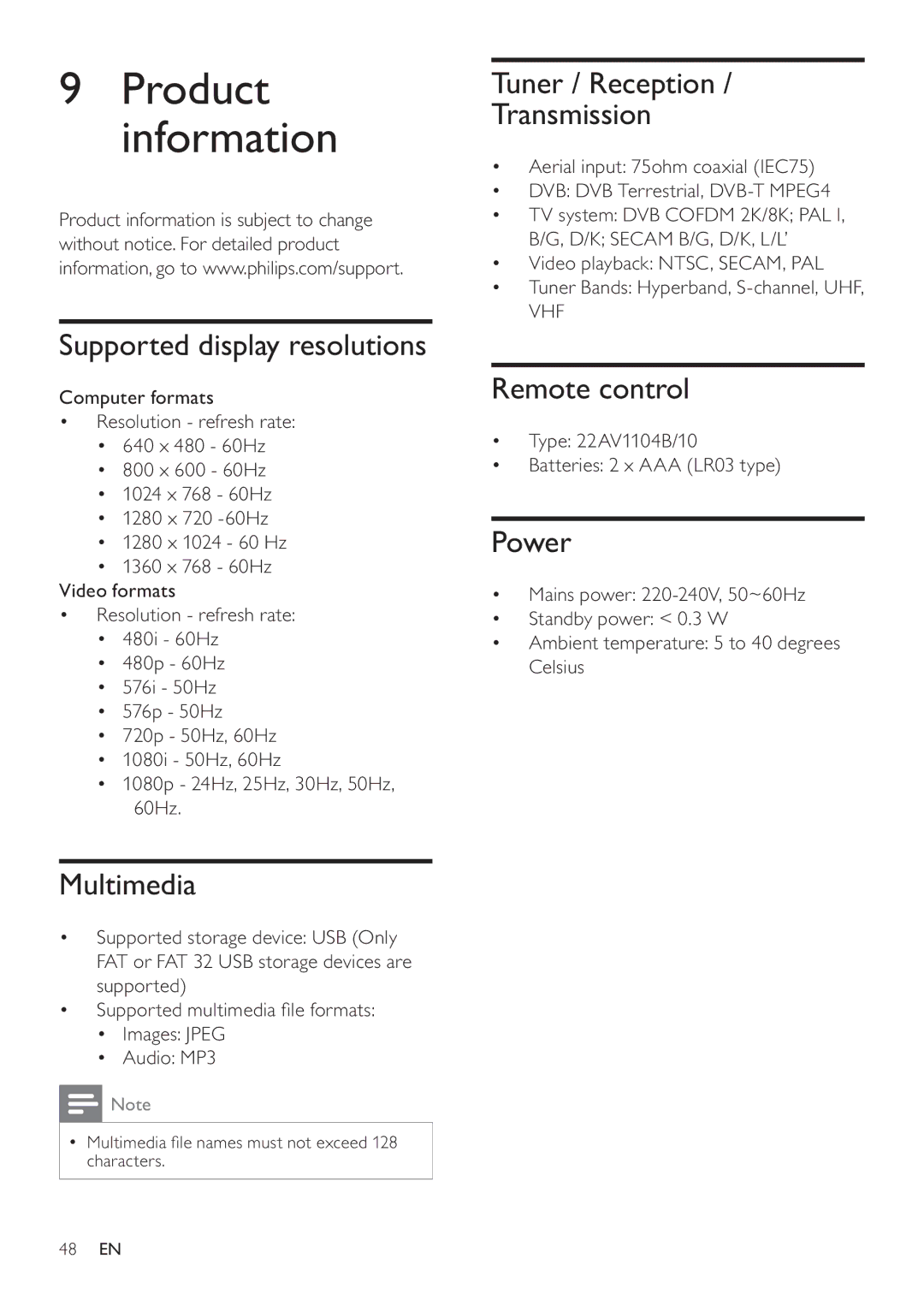 Philips 19HFL3232D, 26HFL3232D/10 Supported display resolutions, Multimedia, Tuner / Reception Transmission, Power 