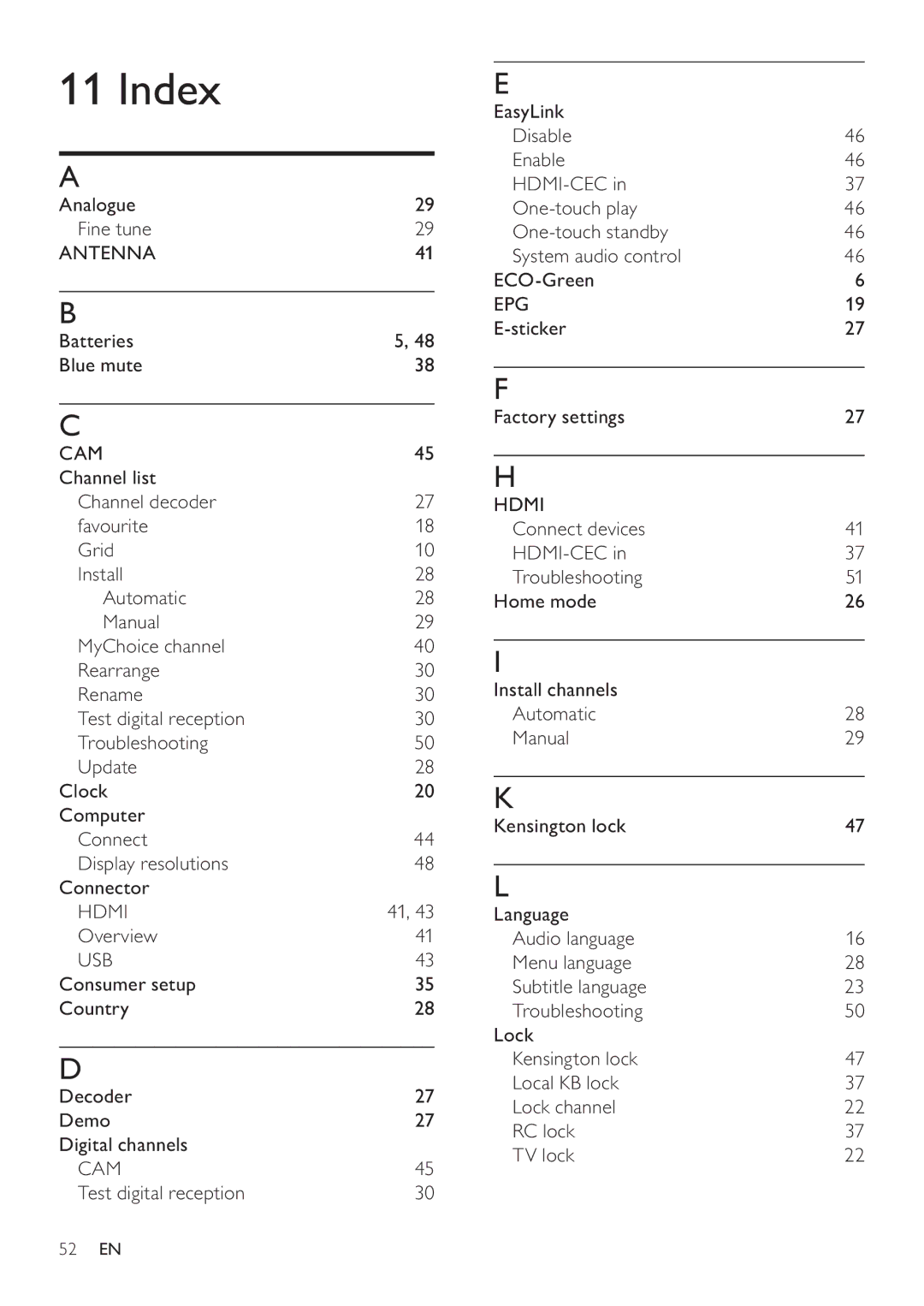 Philips 26HFL3232D/10, 22HFL3232D/10, 19HFL3232D/10 user manual Index 