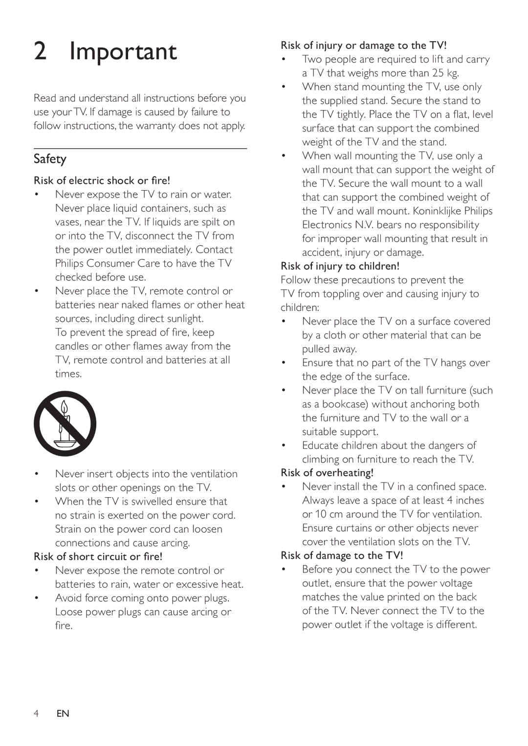 Philips 19HFL3232D user manual Safety, Risk of injury or damage to the TV, Risk of overheating, Risk of damage to the TV 