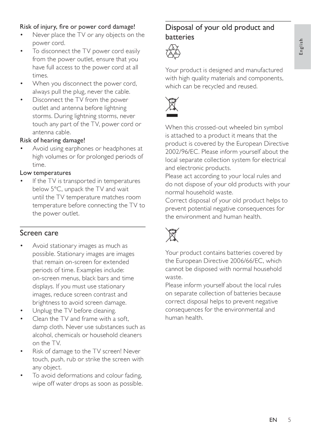 Philips 19HFL3232D/10, 26HFL3232D/10, 22HFL3232D/10 user manual Screen care, Disposal of your old product and batteries 