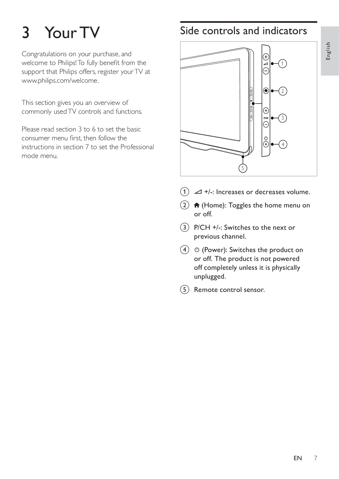 Philips 22HFL3232D/10, 26HFL3232D/10, 19HFL3232D Your TV, Side controls and indicators, Congratulations on your purchase 