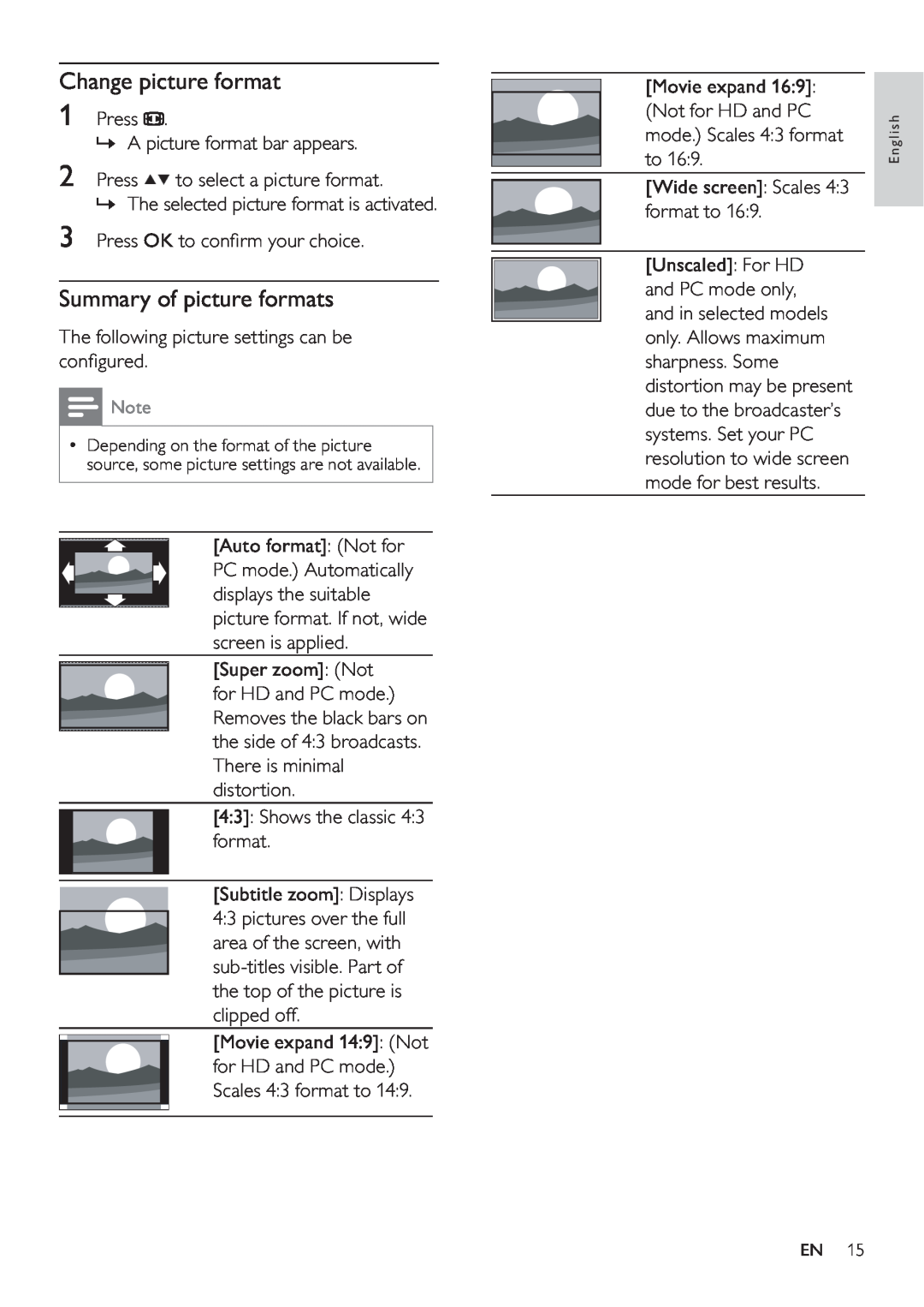 Philips 22HFL3232D/10, 26HFL3232D/10, 19HFL3232D/10 user manual Change picture format, Summary of picture formats 