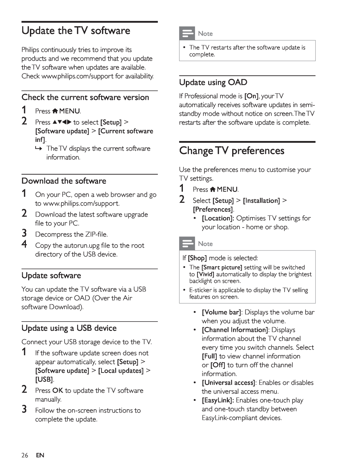 Philips 26HFL3232D/10 Update the TV software, Change TV preferences, Check the current software version, Update software 