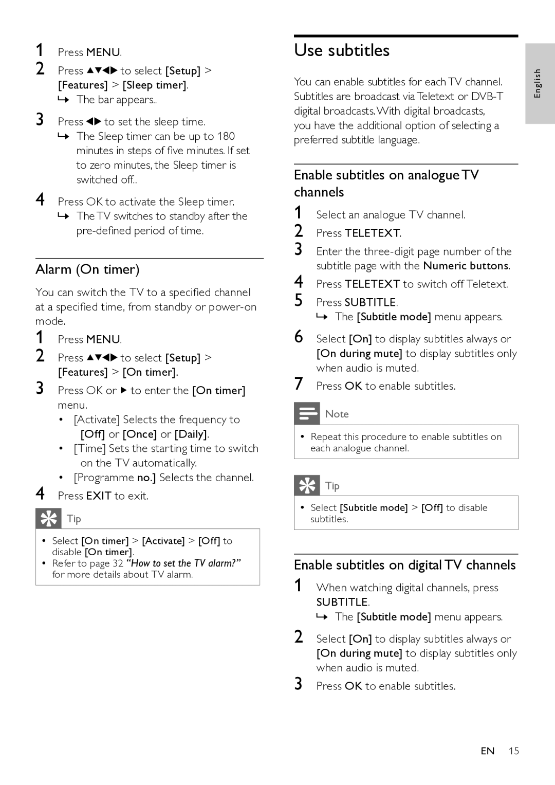 Philips 22HFL4371D/10, 26HFL3331D/10, 26HFL4371D/10 Use subtitles, Alarm On timer, Enable subtitles on analogue TV channels 