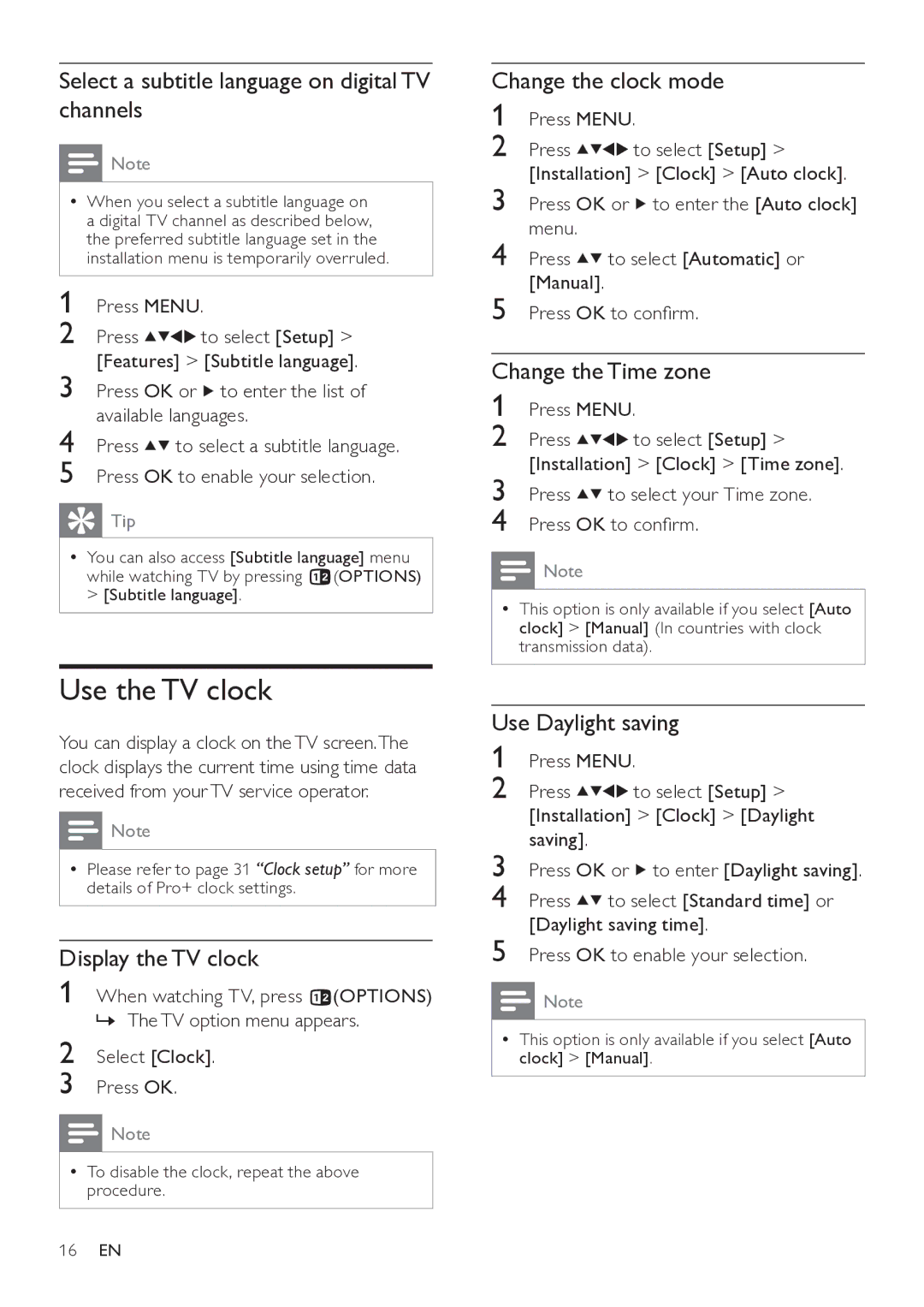 Philips 22HFL3331D/10, 26HFL3331D/10, 26HFL4371D/10, 22HFL4371D/10, 32HFL4351D/10 user manual Use the TV clock 