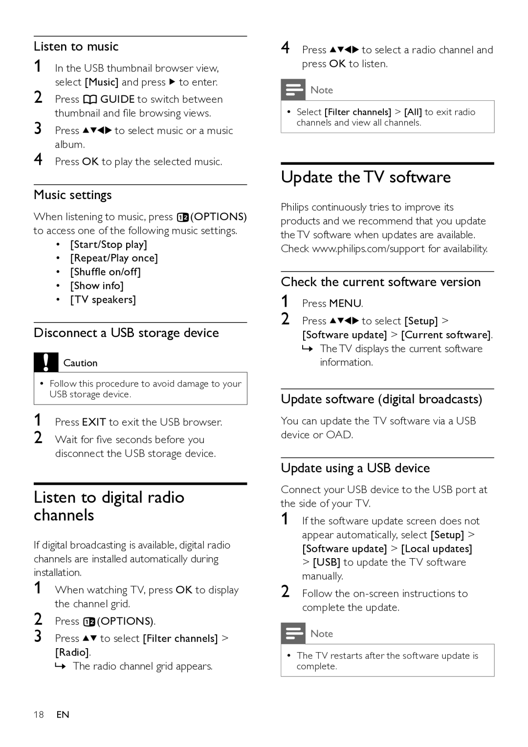 Philips 26HFL3331D/10, 26HFL4371D/10, 22HFL4371D/10, 22HFL3331D/10 Listen to digital radio channels, Update the TV software 