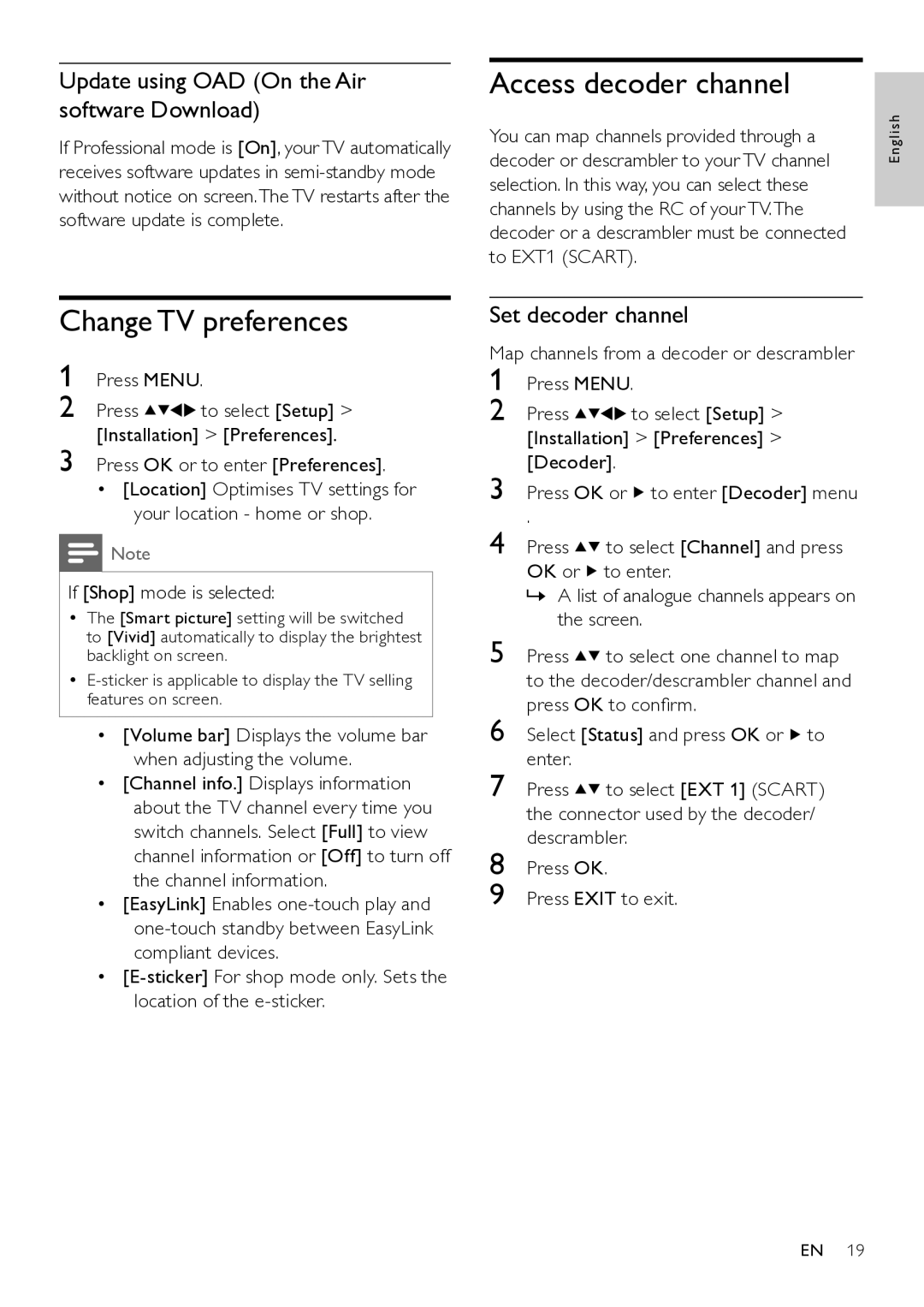 Philips 26HFL4371D/10 Access decoder channel, Change TV preferences, Update using OAD On the Air software Download 