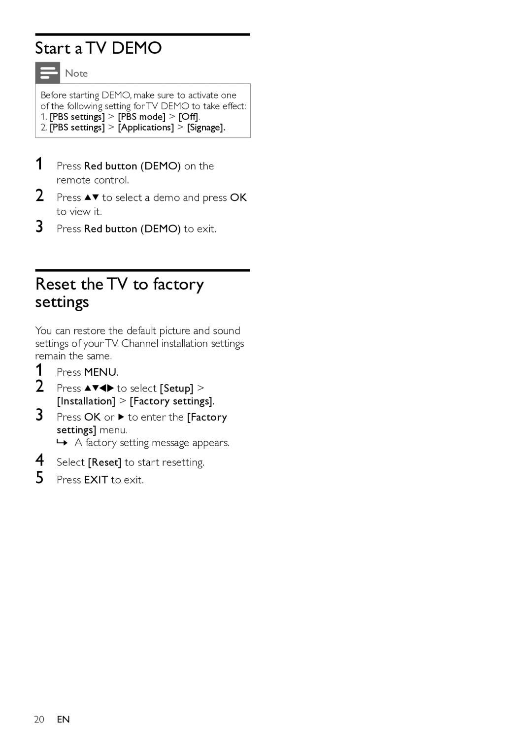 Philips 22HFL4371D/10, 26HFL3331D/10, 26HFL4371D/10, 22HFL3331D/10 Start a TV Demo, Reset the TV to factory settings 