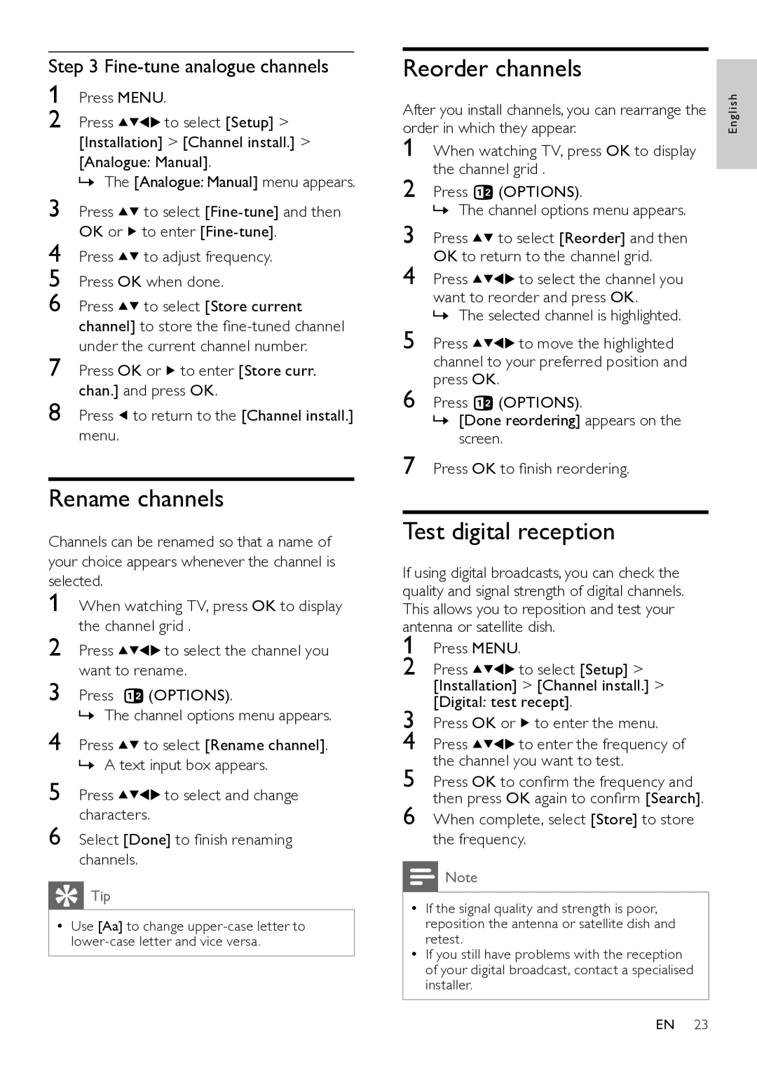 Philips 26HFL3331D/10 user manual Rename channels, Reorder channels, Test digital reception, Fine-tune analogue channels 