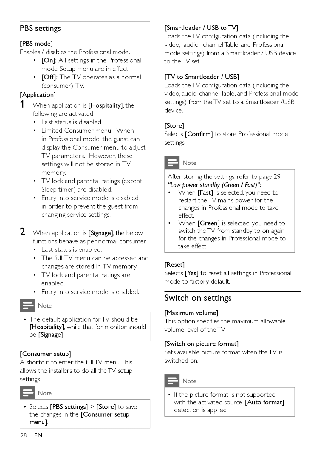 Philips 26HFL3331D/10 user manual PBS settings, PBS mode Enables / disables the Professional mode, Last status is enabled 