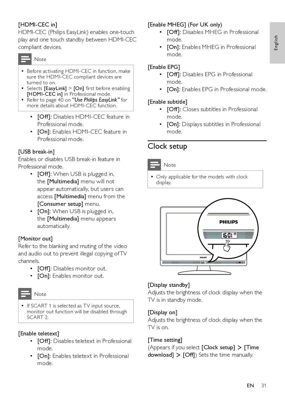 Philips 22HFL3331D/10, 26HFL3331D/10, 26HFL4371D/10, 22HFL4371D/10, 32HFL4351D/10 user manual Clock setup 