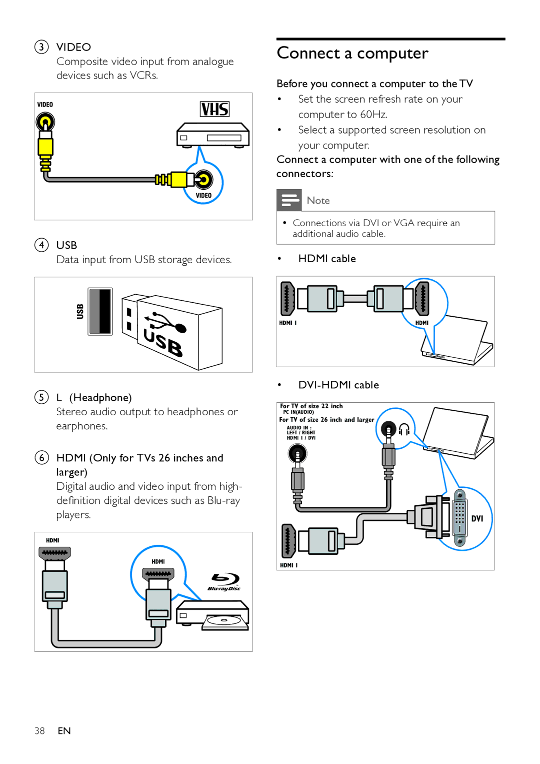 Philips 26HFL3331D/10 user manual Connect a computer, Video, Composite video input from analogue devices such as VCRs, Usb 