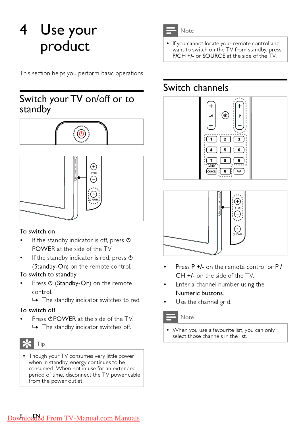 Philips 26HFL3331D/10, 26HFL4371D/10, 22HFL4371D/10 Switch your TV on/off or to standby, Switch channels, To switch on 