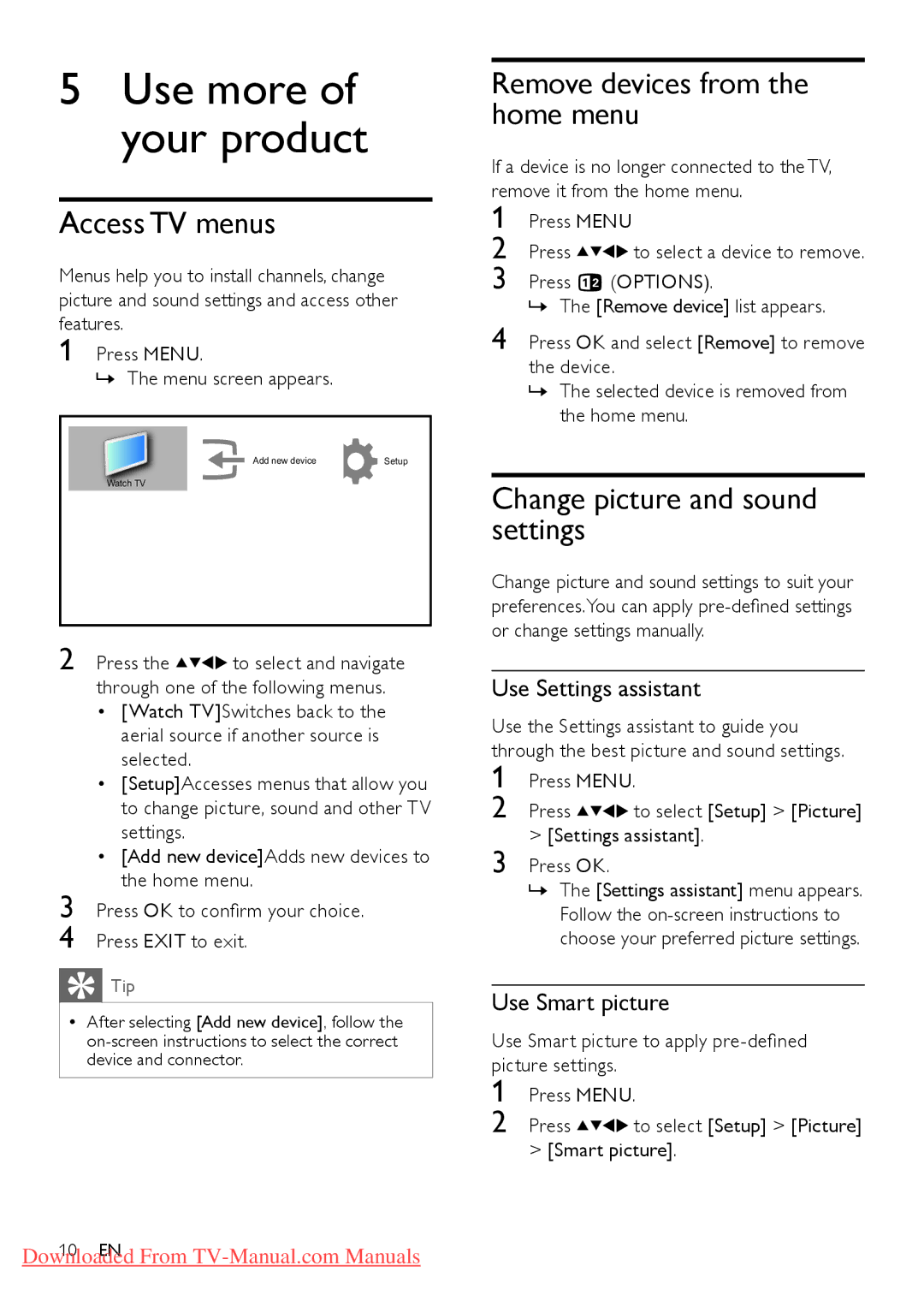 Philips 22HFL4371D/10, 26HFL3331D/10 Access TV menus, Remove devices from the home menu, Change picture and sound settings 