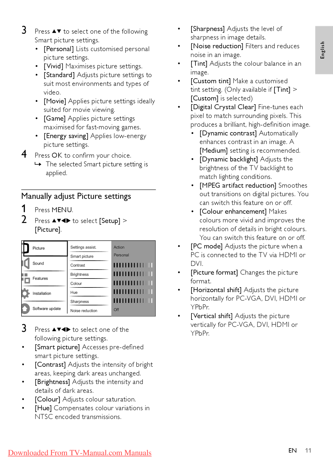 Philips 22HFL3331D/10, 26HFL3331D/10, 26HFL4371D/10, 22HFL4371D/10, 32HFL4351D/10 Manually adjust Picture settings, Dvi 