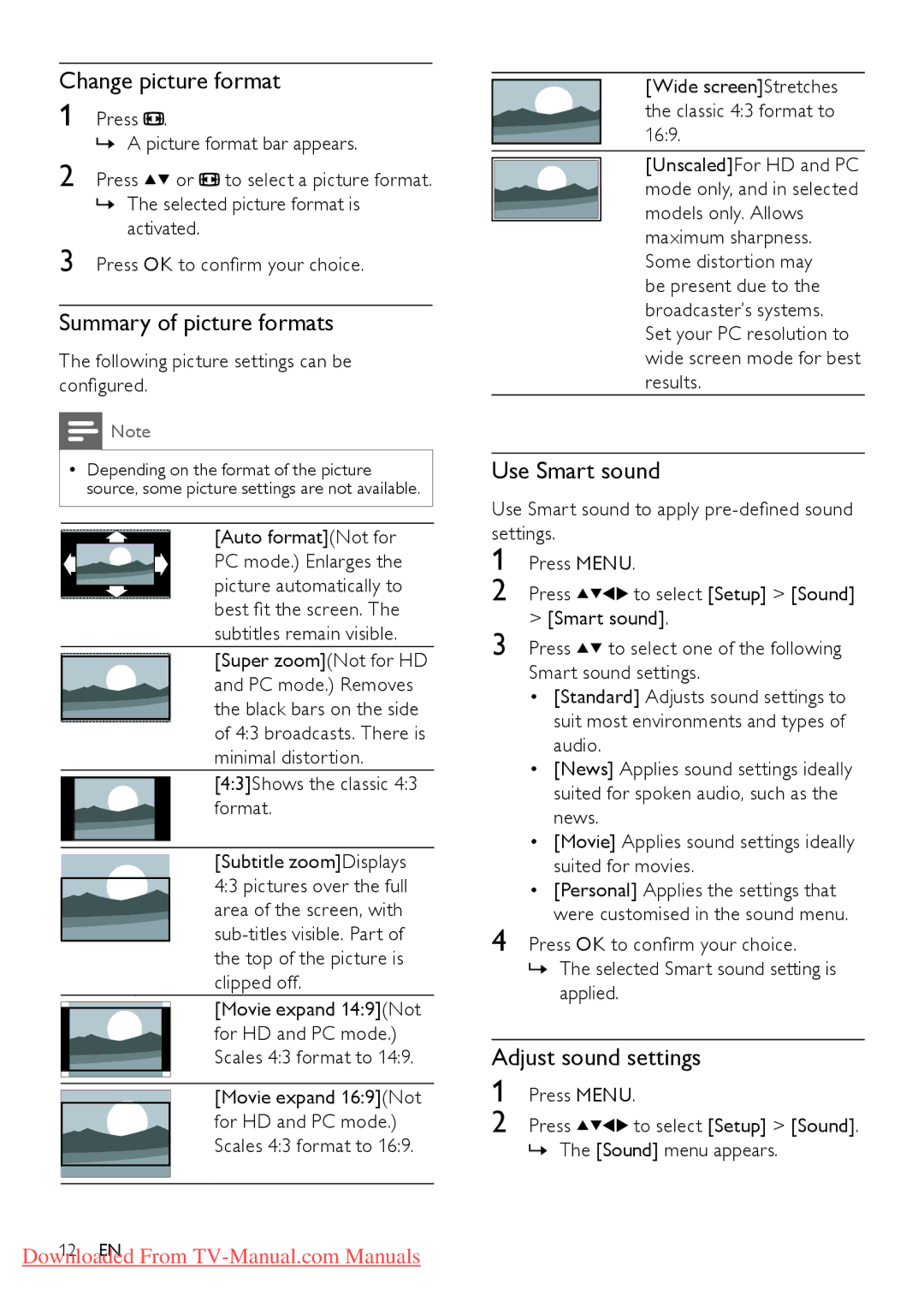 Philips 32HFL4351D/10 user manual Change picture format, Summary of picture formats, Use Smart sound, Adjust sound settings 