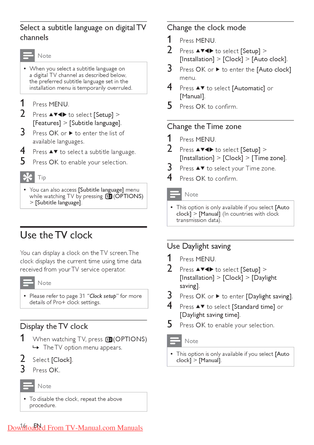 Philips 22HFL3331D/10, 26HFL3331D/10, 26HFL4371D/10, 22HFL4371D/10, 32HFL4351D/10 user manual Use the TV clock 