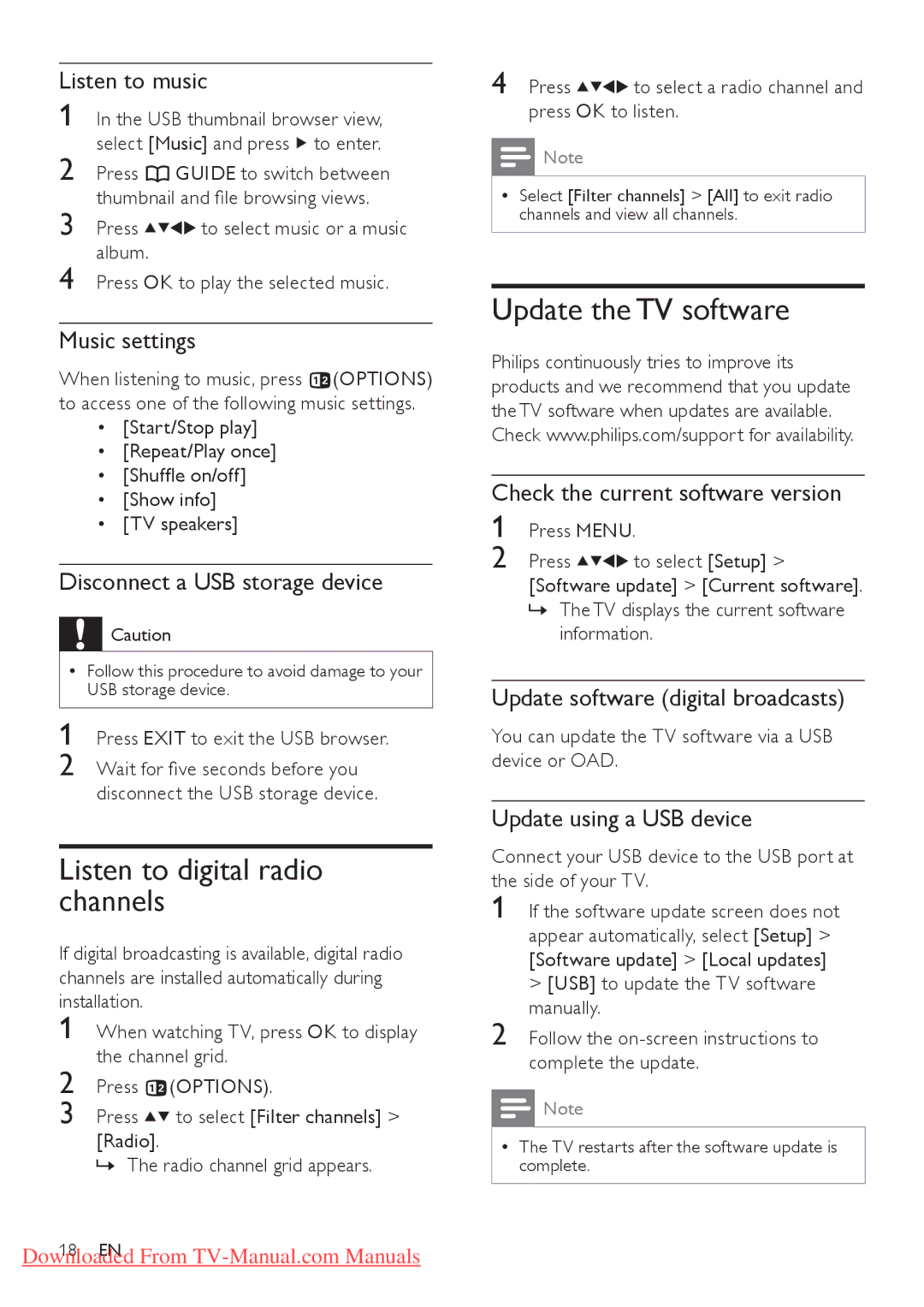 Philips 26HFL3331D/10, 26HFL4371D/10, 22HFL4371D/10, 22HFL3331D/10 Listen to digital radio channels, Update the TV software 