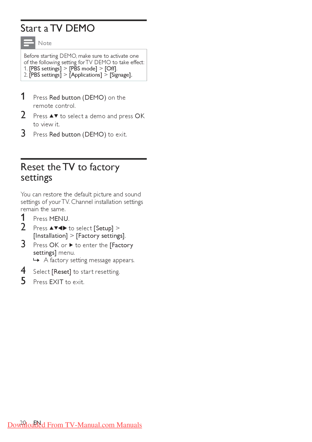 Philips 22HFL4371D/10, 26HFL3331D/10, 26HFL4371D/10, 22HFL3331D/10 Start a TV Demo, Reset the TV to factory settings 