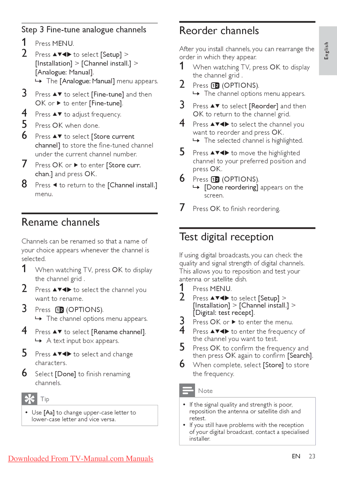 Philips 26HFL3331D/10 user manual Rename channels, Reorder channels, Test digital reception, Fine-tune analogue channels 