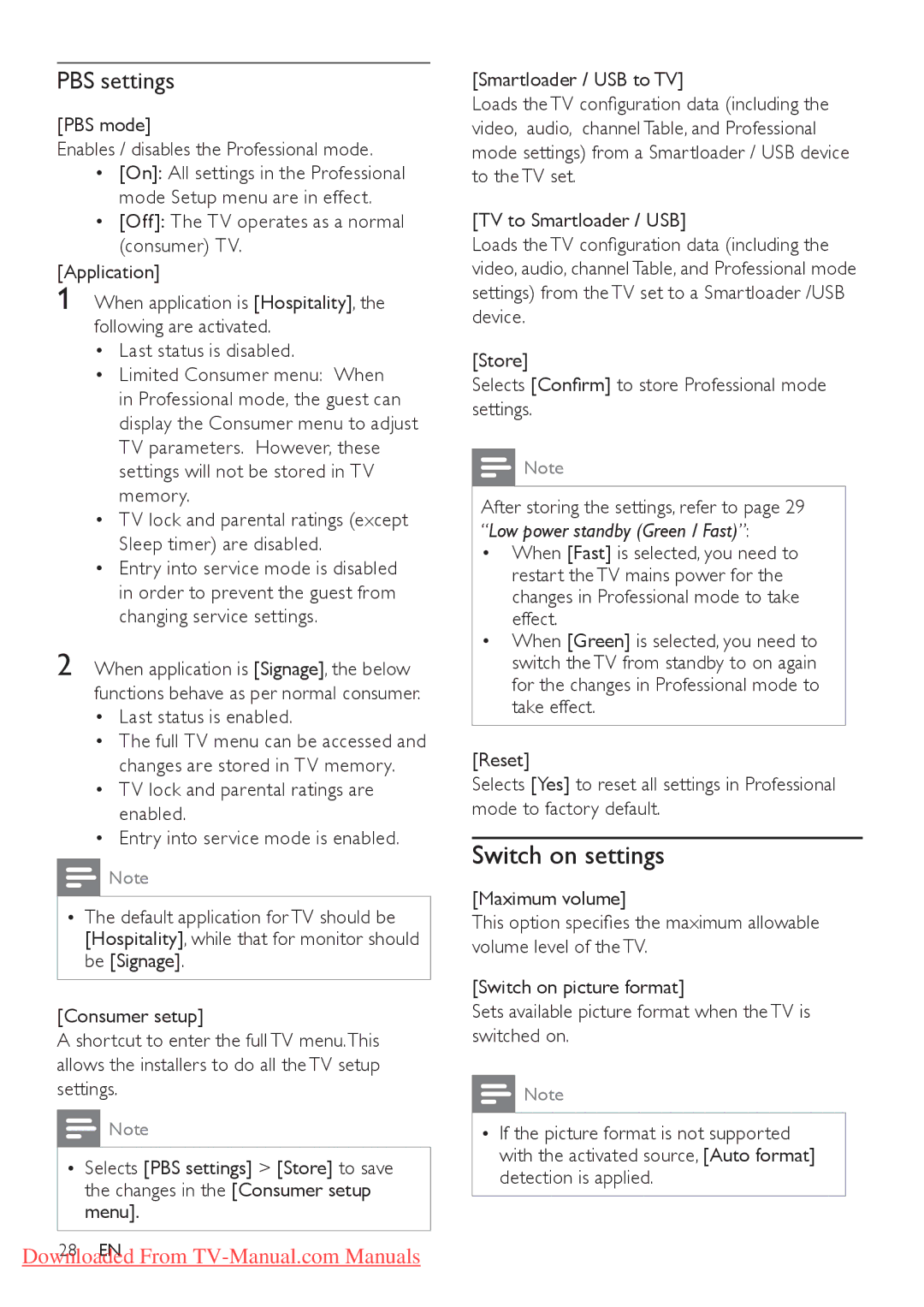 Philips 26HFL3331D/10 user manual PBS settings, PBS mode Enables / disables the Professional mode, Last status is enabled 