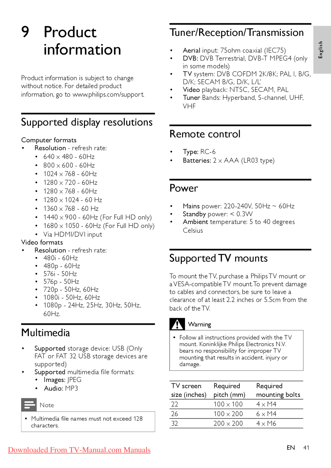 Philips 22HFL3331D/10, 26HFL3331D/10, 26HFL4371D/10, 22HFL4371D/10, 32HFL4351D/10 user manual Product information 