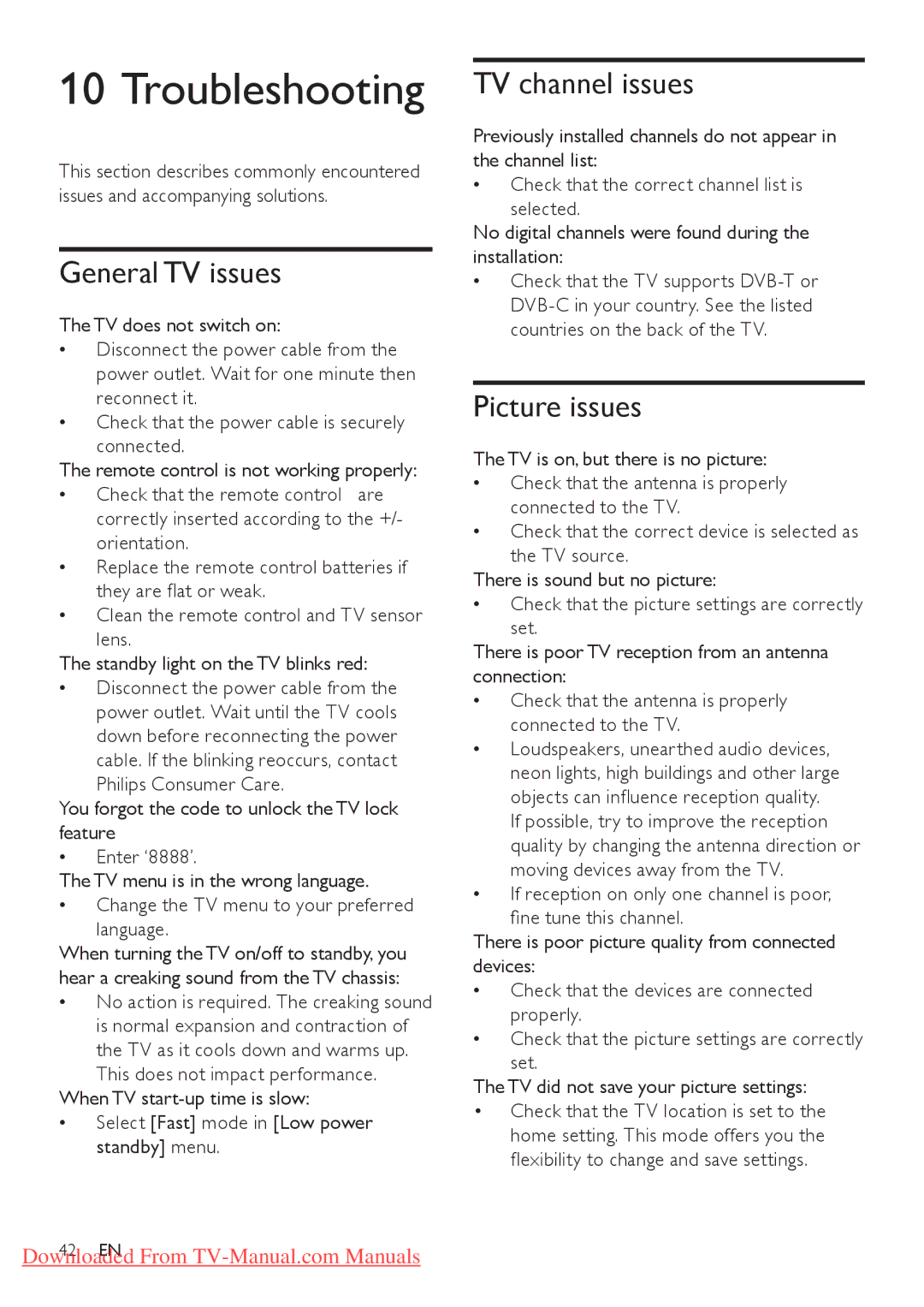 Philips 32HFL4351D/10, 26HFL3331D/10, 26HFL4371D/10 Troubleshooting, General TV issues, TV channel issues, Picture issues 