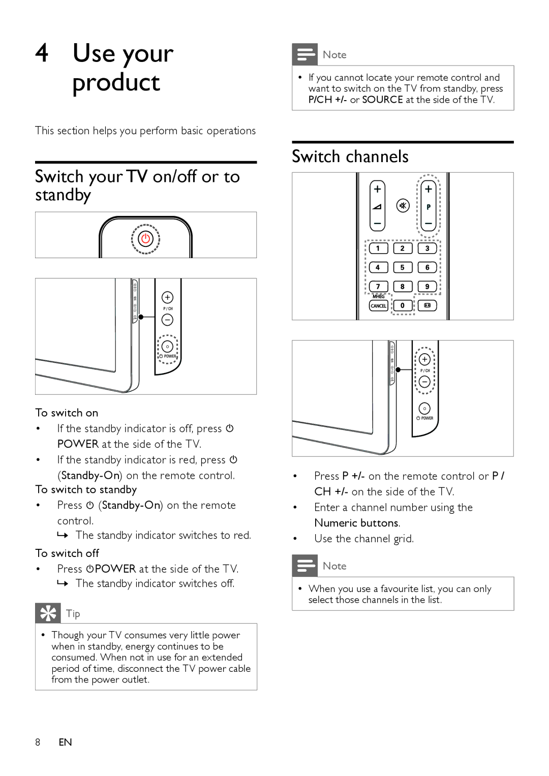 Philips 26HFL3331D/10, 26HFL4371D/10, 22HFL4371D/10 Switch your TV on/off or to standby, Switch channels, To switch on 