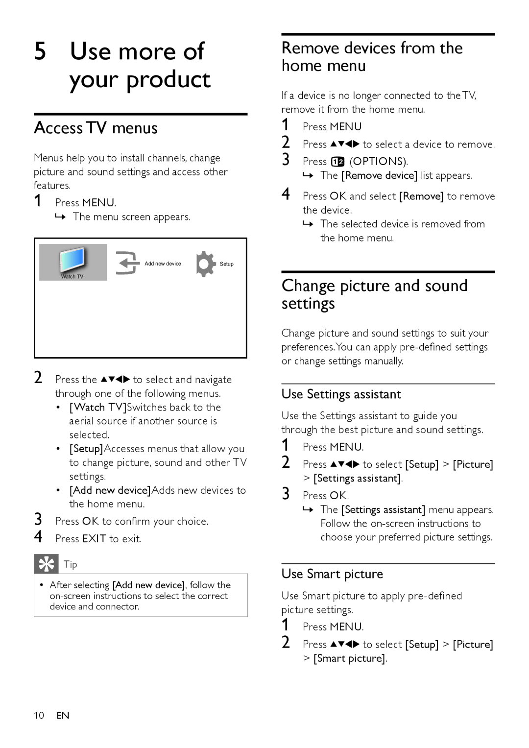 Philips 22HFL4371D/10, 26HFL3331D/10 Access TV menus, Remove devices from the home menu, Change picture and sound settings 