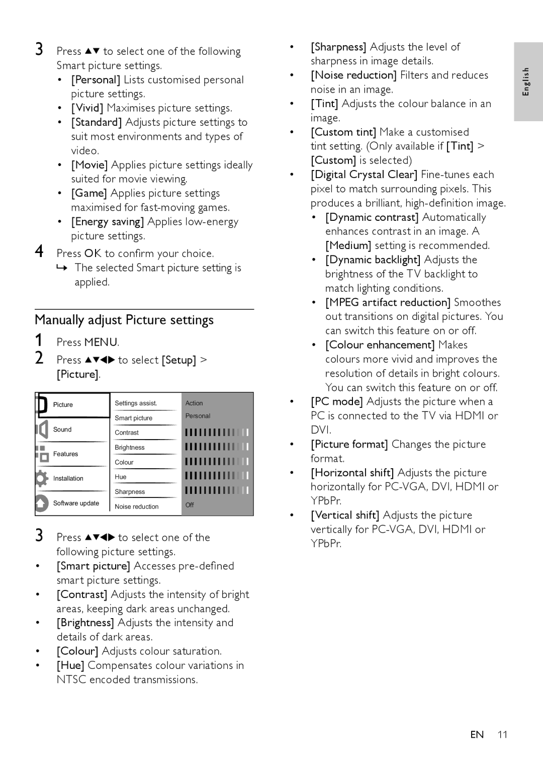 Philips 32HFL4351D/10, 26HFL3331D/10, 26HFL4371D/10, 22HFL4371D/10, 19HFL3331D/10 Manually adjust Picture settings, Dvi 