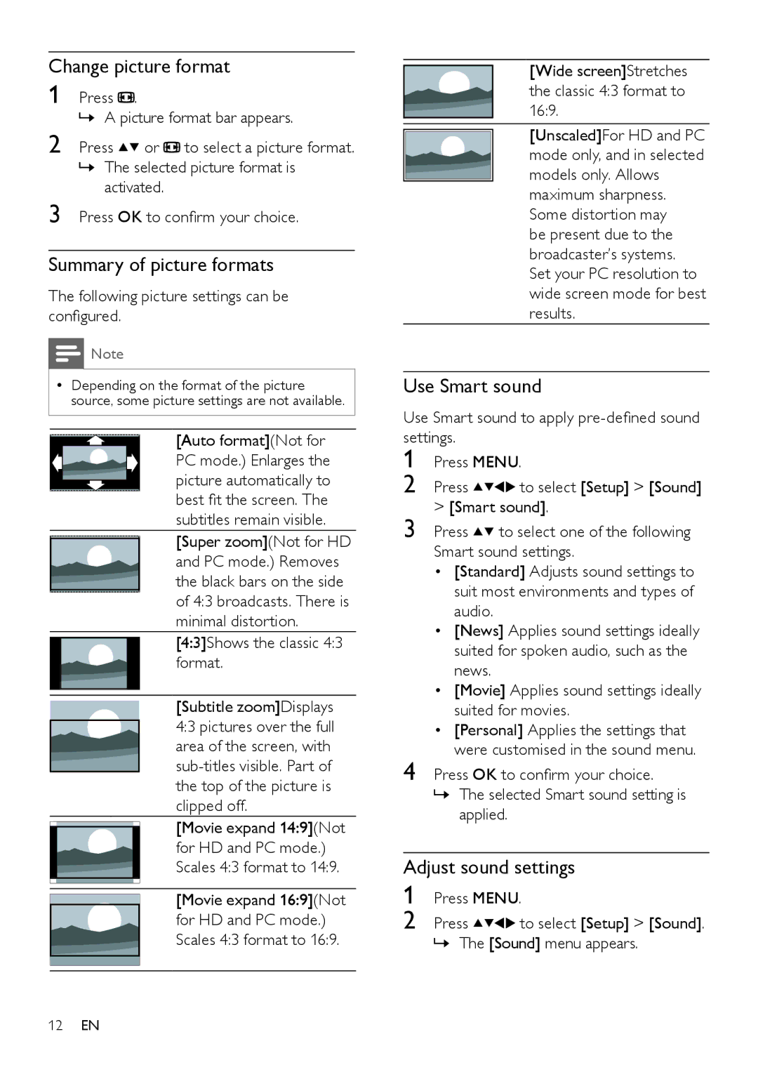 Philips 19HFL3331D/10 user manual Change picture format, Summary of picture formats, Use Smart sound, Adjust sound settings 