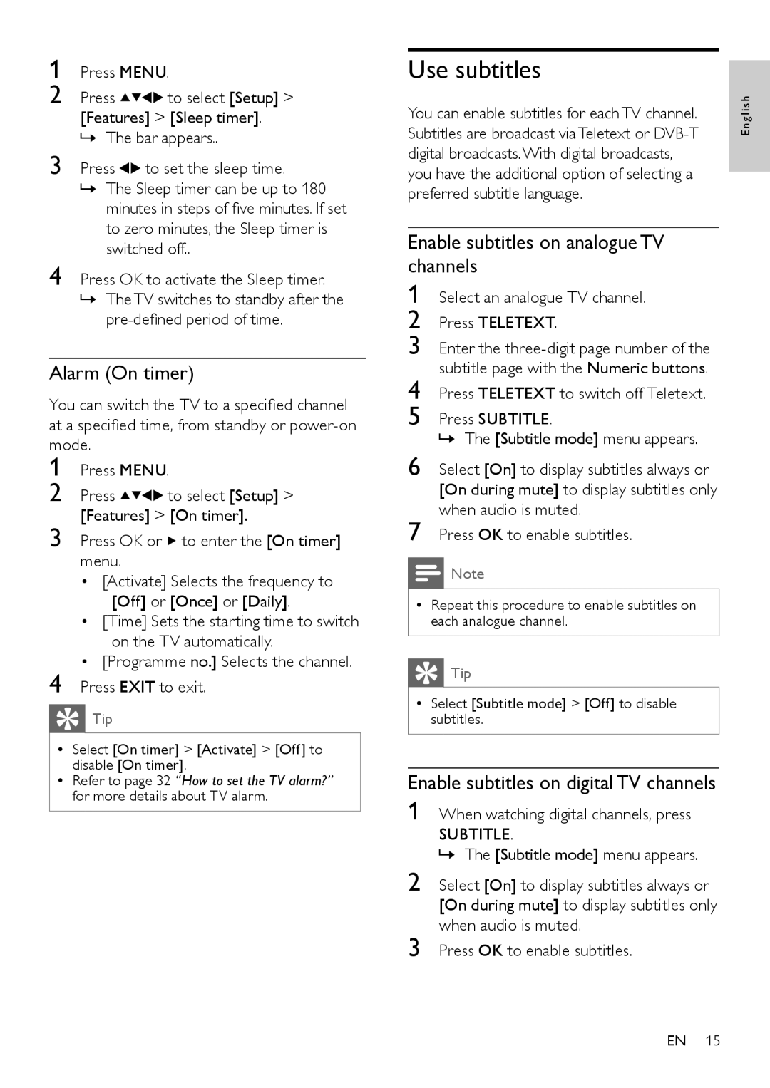 Philips 22HFL4371D/10, 26HFL3331D/10, 26HFL4371D/10 Use subtitles, Alarm On timer, Enable subtitles on analogue TV channels 