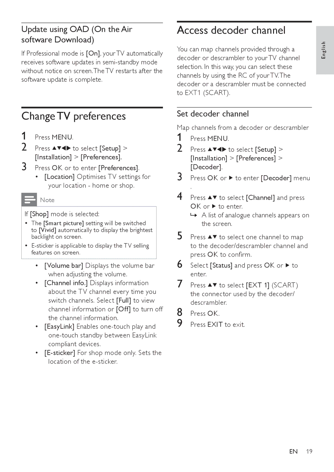 Philips 26HFL4371D/10 Access decoder channel, Change TV preferences, Update using OAD On the Air software Download 