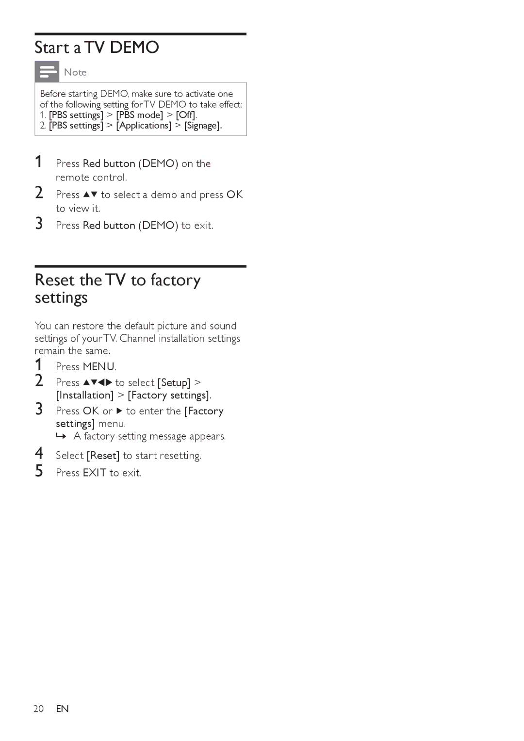 Philips 22HFL4371D/10, 26HFL3331D/10, 26HFL4371D/10, 32HFL4351D/10 Start a TV Demo, Reset the TV to factory settings 