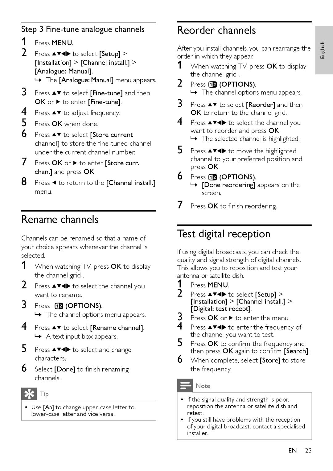 Philips 26HFL3331D/10 user manual Rename channels, Reorder channels, Test digital reception, Fine-tune analogue channels 