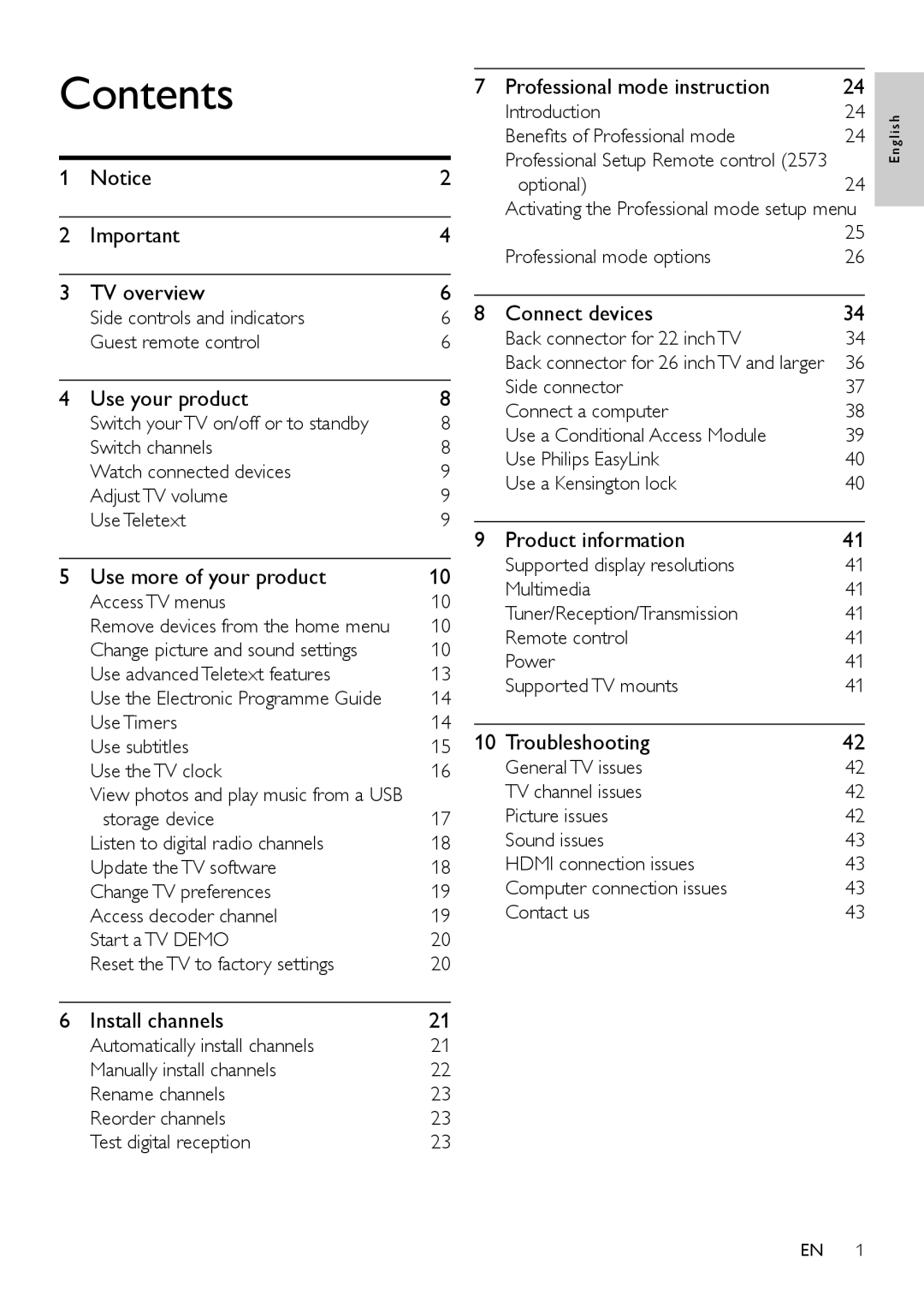 Philips 32HFL4351D/10, 26HFL3331D/10, 26HFL4371D/10, 22HFL4371D/10, 19HFL3331D/10 user manual Contents 