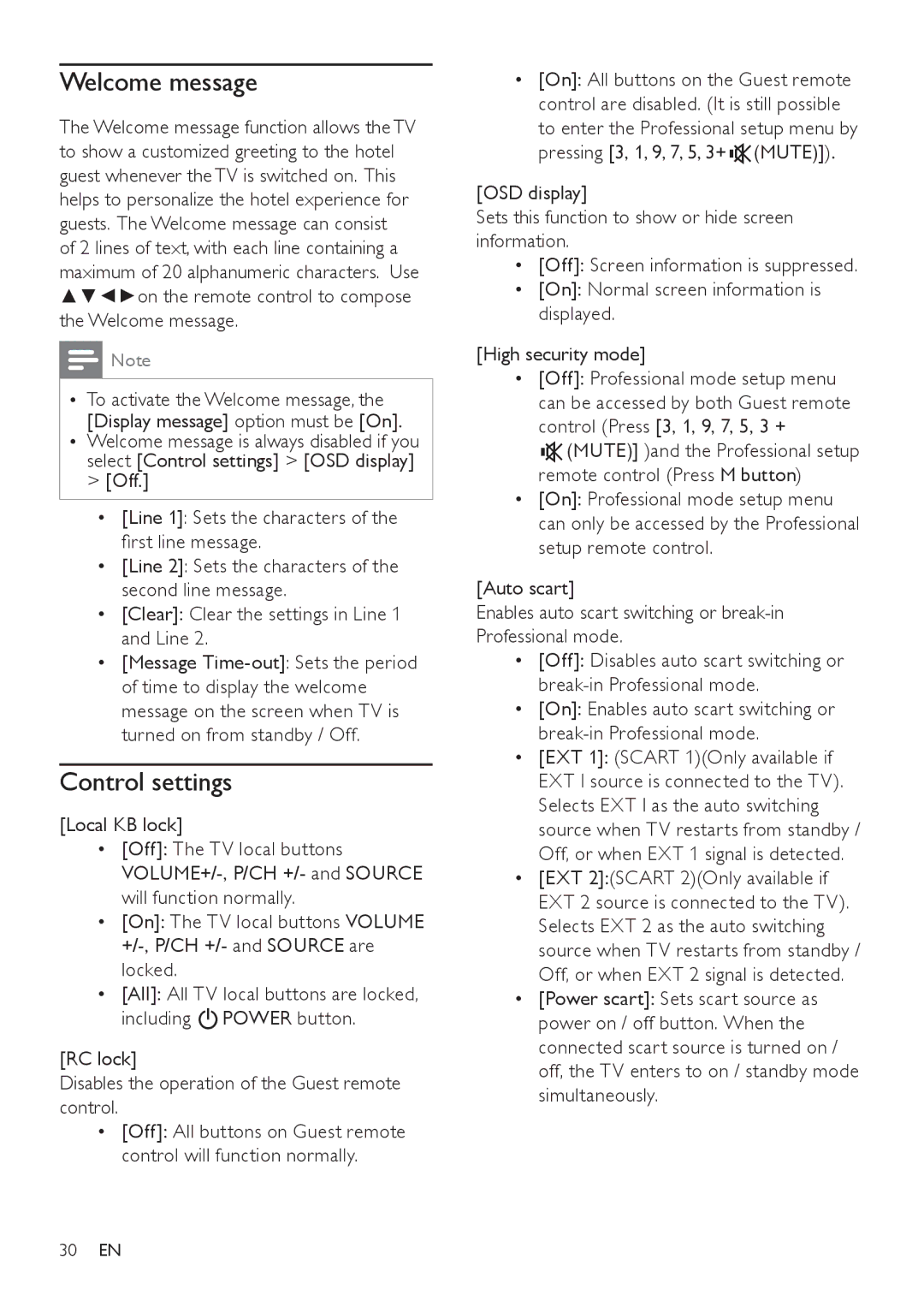 Philips 22HFL4371D/10, 26HFL3331D/10 user manual Welcome message, RC lock Disables the operation of the Guest remote control 