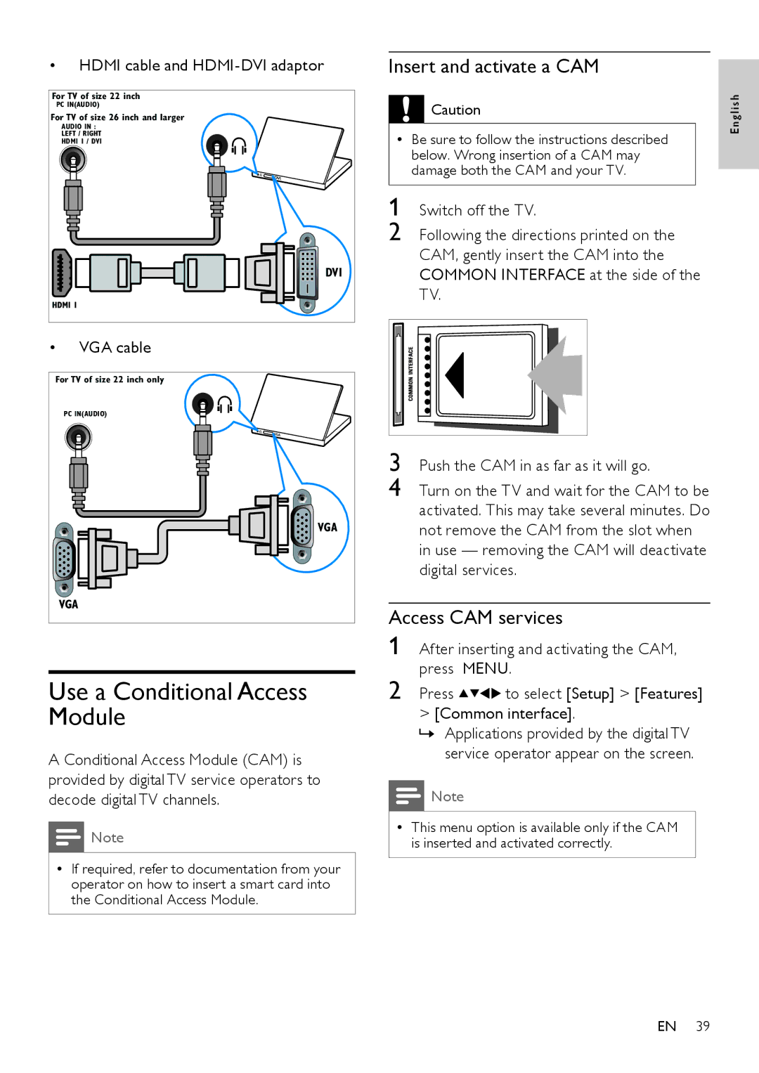 Philips 26HFL4371D/10, 26HFL3331D/10 Use a Conditional Access Module, Insert and activate a CAM, Access CAM services, Menu 